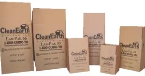 Six "Clean Earth" 5 Gallon Lab-Pak boxes are arranged in a row on a plain background.