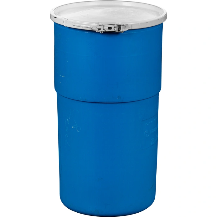 A blue plastic drum with a white lid, commonly used for storing or transporting liquids or chemicals.