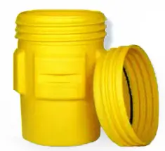 Open-Head Plastic Salvage Drum & Barrel in yellow, cylindrical, with a threaded lid placed beside the container.